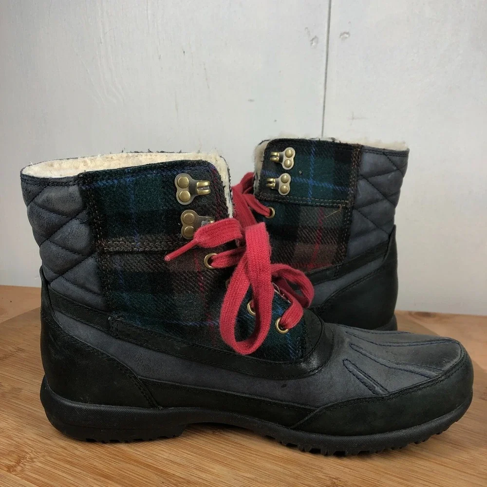 Cole Haan Mens size 8 Shoes black Leather Duck Lined Plaid wateproof snow boots